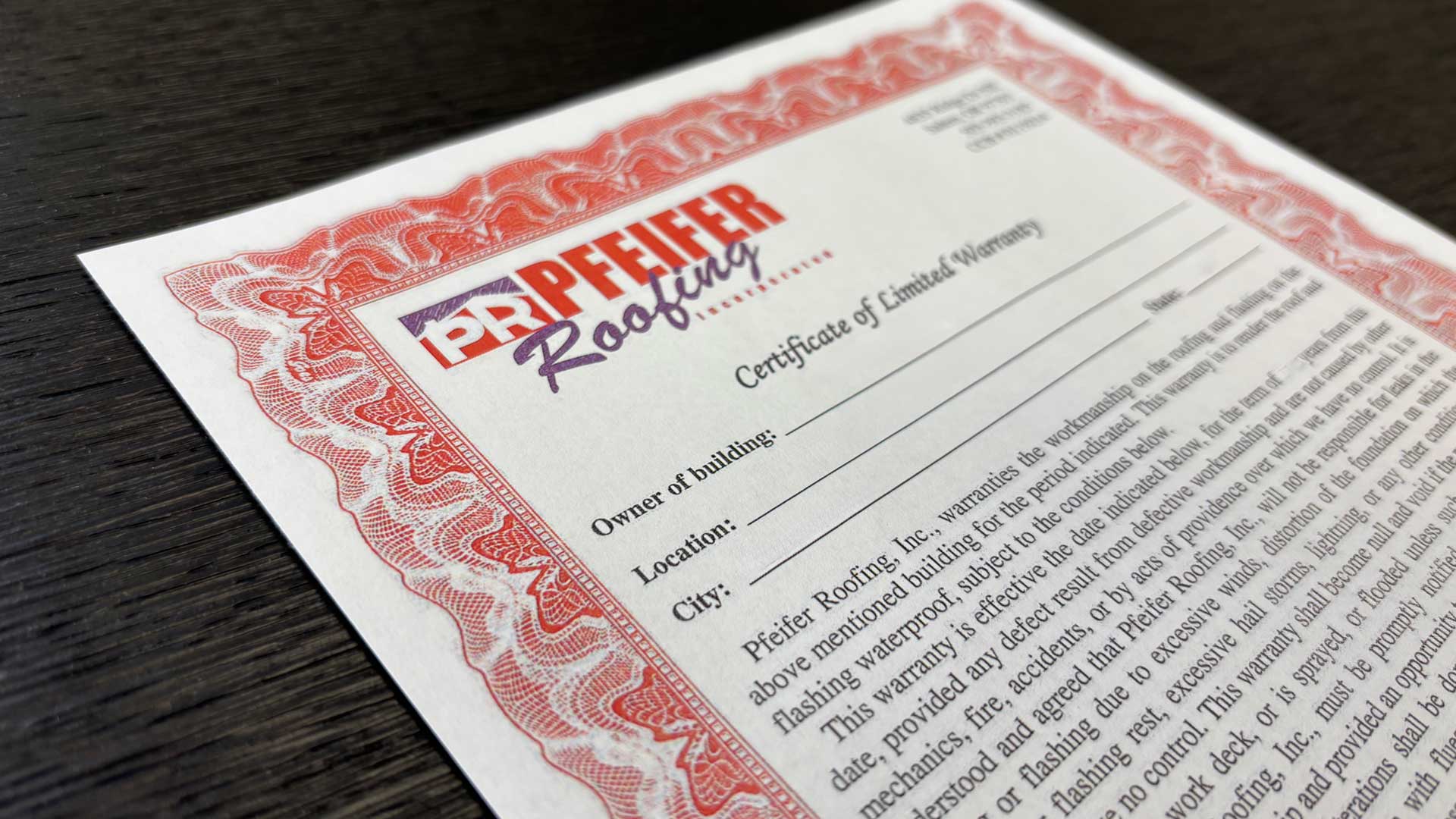 pfeifer certificate of limited warranty